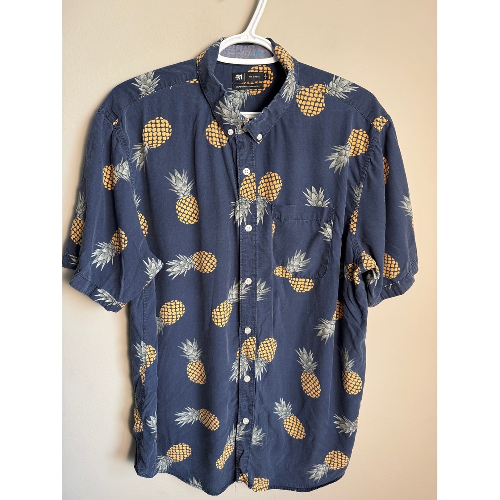 Le 31 Par Simons Pineapple Button Down Mens Large Blue Tropical Beachy Bamboo